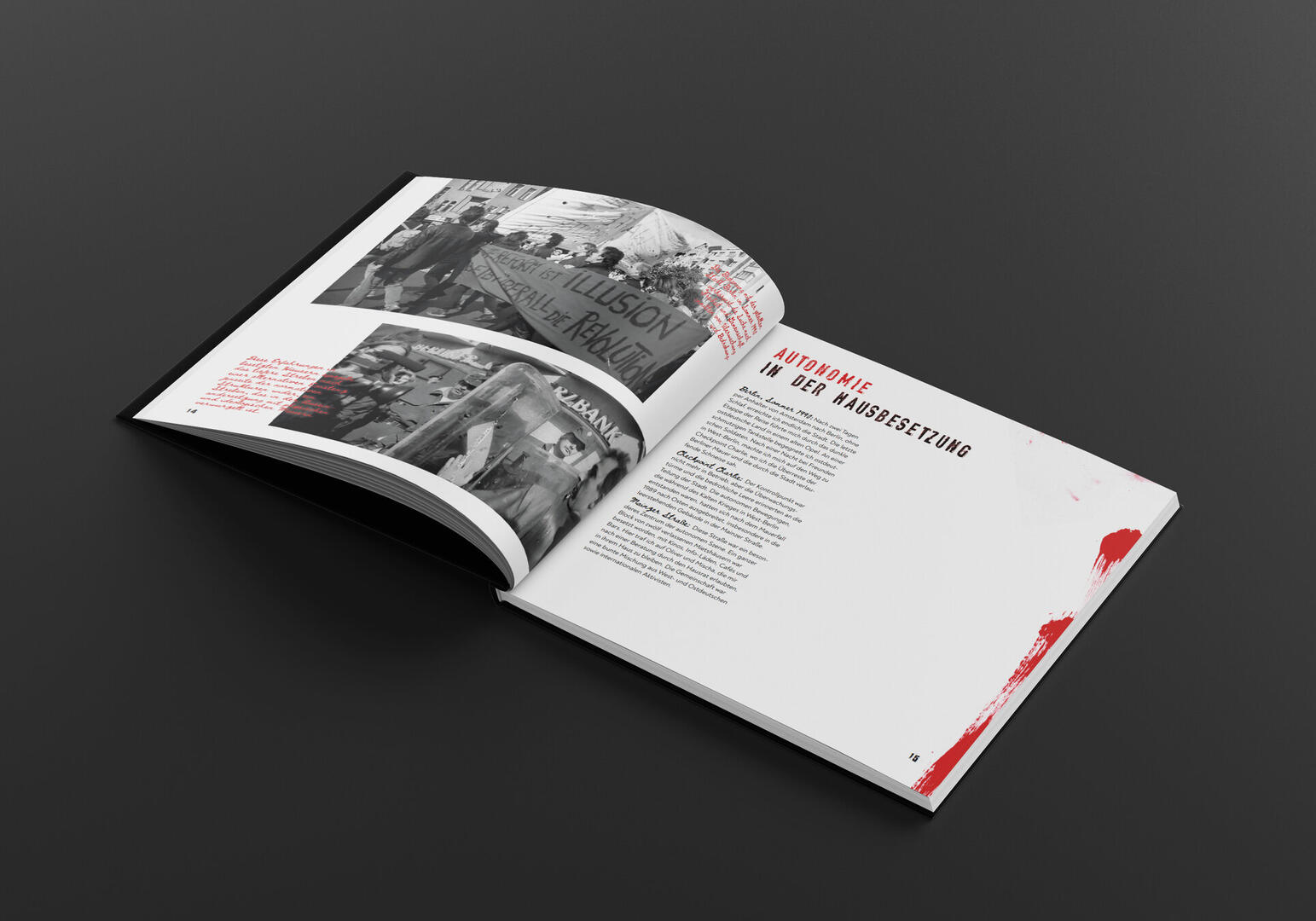 Book Layout Reference Open book showing black-and-white photos of people holding banners and text titled 'AUTONOMIE IN DER HAUSBESSETZUNG' on the right page with red graphic elements.