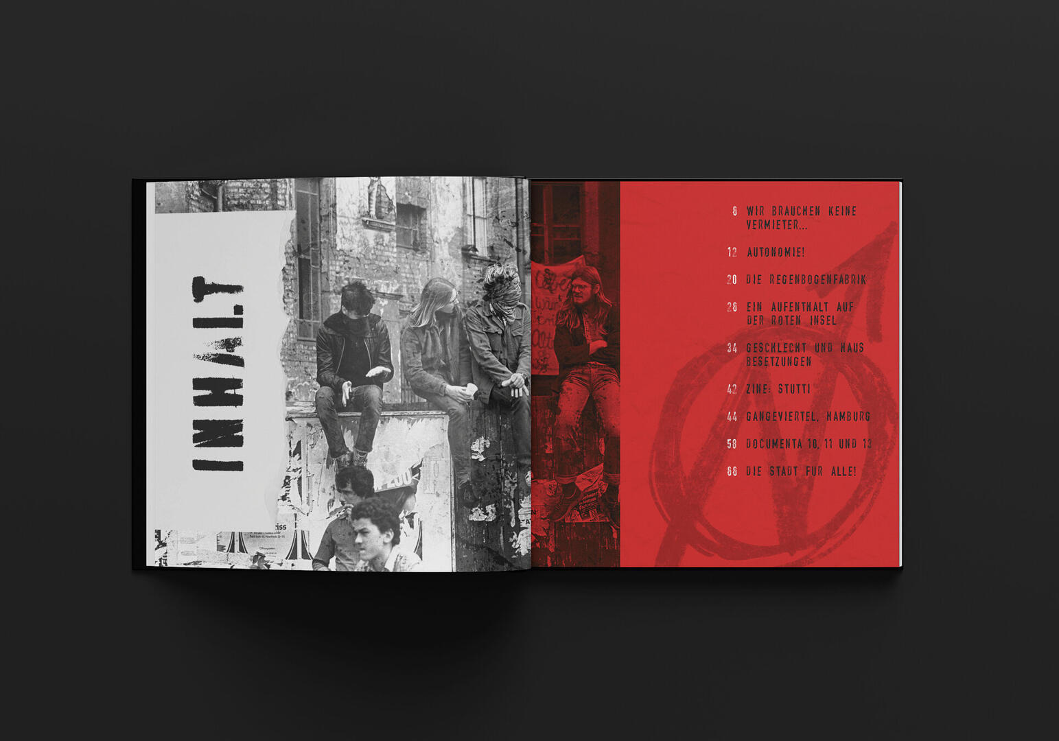 Book Layout Reference Open book spread with a black-and-white photo of people sitting on a ledge on the left page and a red page on the right with a list of German text items numbered, including 'INHALT' in large vertical letters.