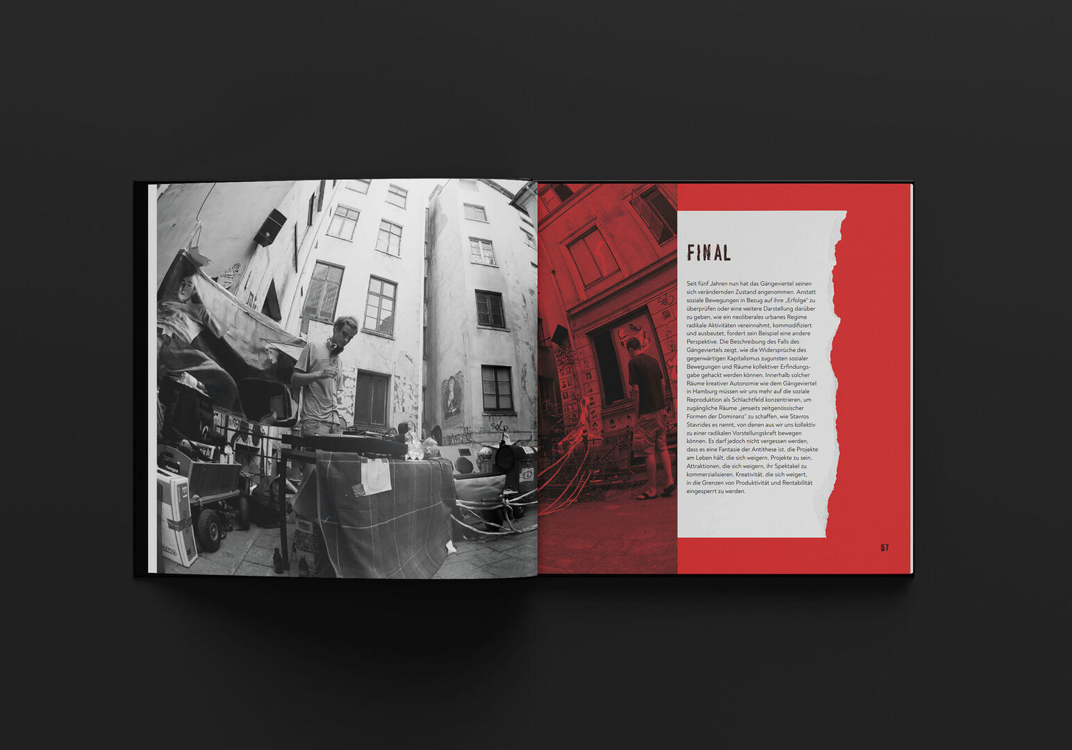 Book Layout Reference Black-and-white photo of a man standing in a narrow courtyard with tables and chairs, adjacent to a red page with torn paper effect and text titled 'FINAL'.