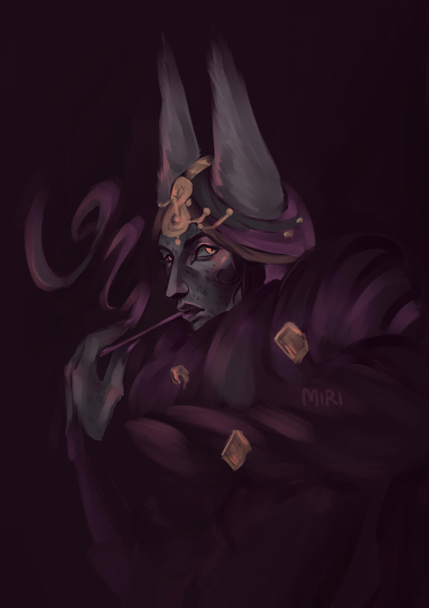 Lest with large pointed ears, wearing a purple cloak with gold accents, holding a smoking pipe near the face.
