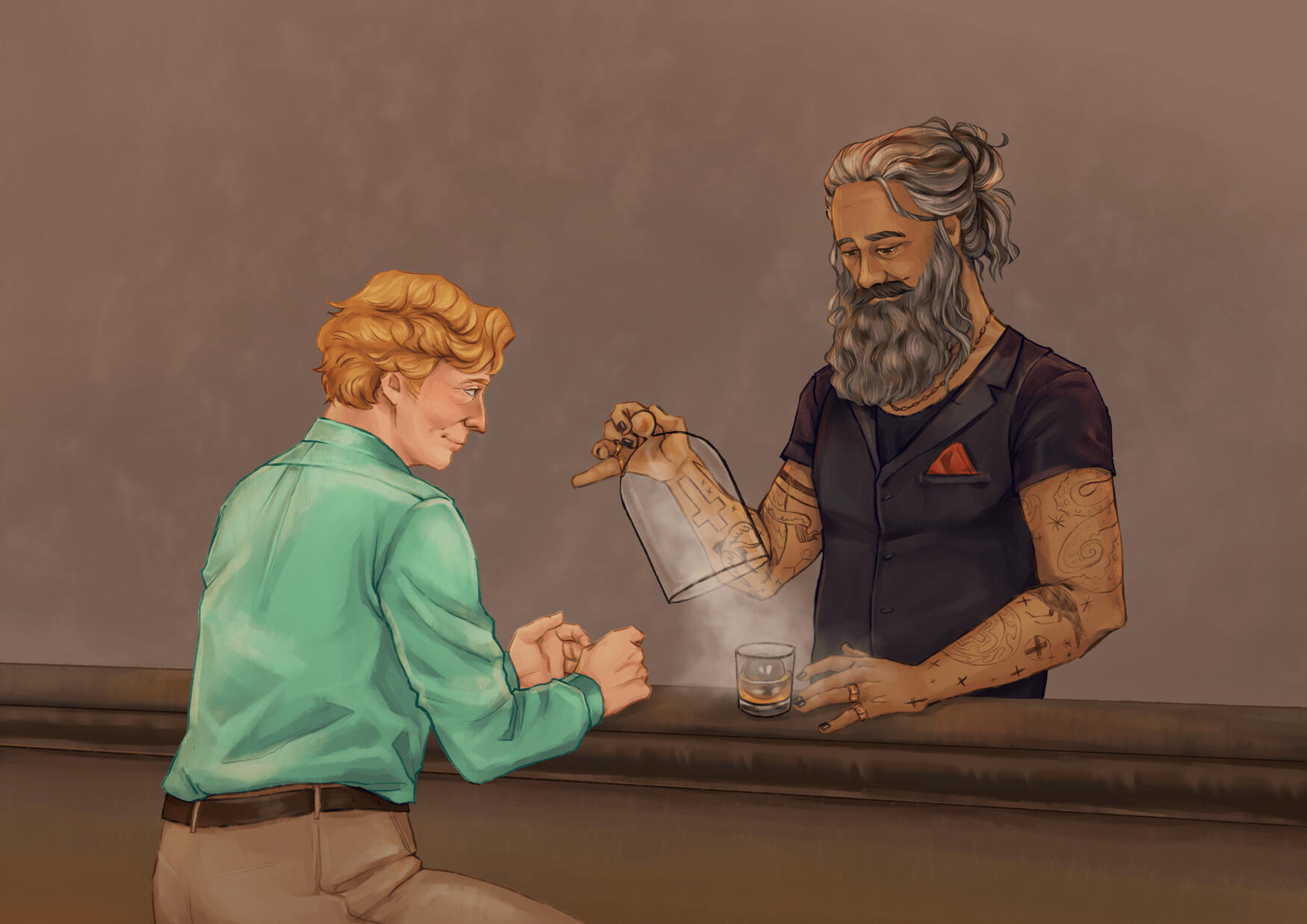 Stede in green shirt sitting at bar counter facing bartender Ed with tattoos and beard, who is pouring a drink from a glass pitcher into a glass.