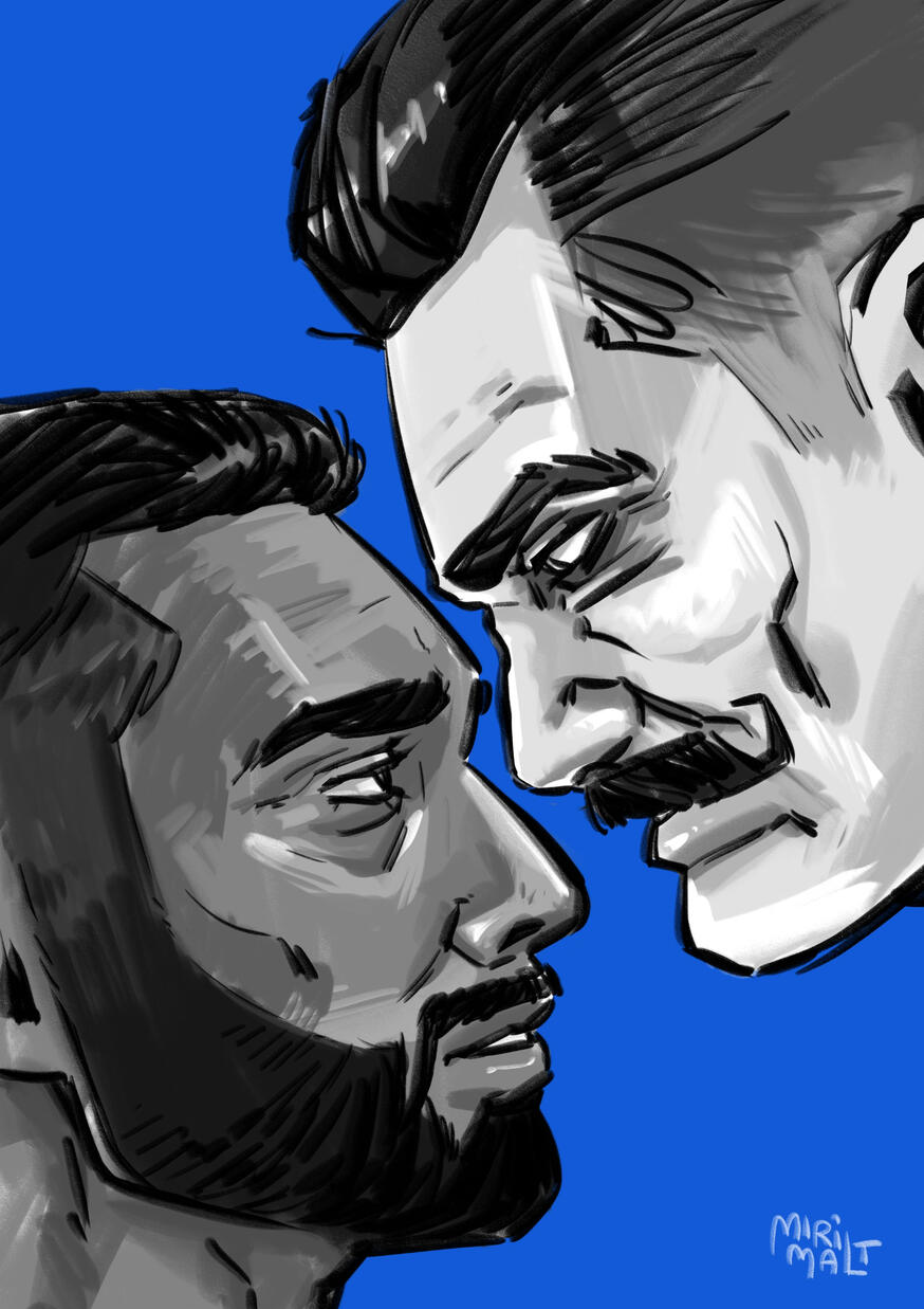 Stone and Robotnik are positioned against a solid blue background. Stone on the left has short hair and wears glasses. Robotnik on the right has longer hair styled back.