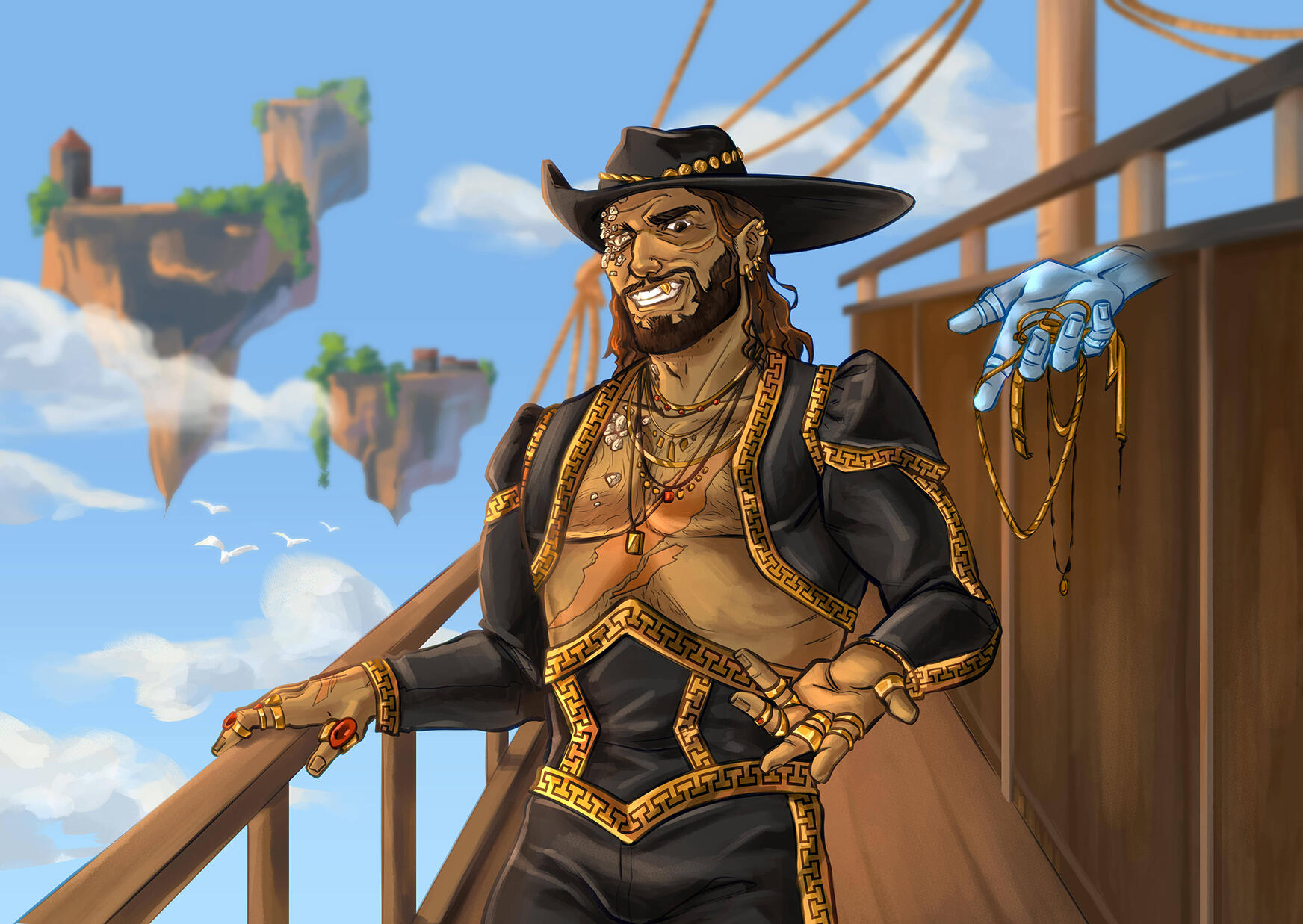 Man in black and gold ornate outfit and wide-brimmed hat leaning on wooden railing, with floating islands and blue sky in background, ghost hand holding chains and jewlery nearby.