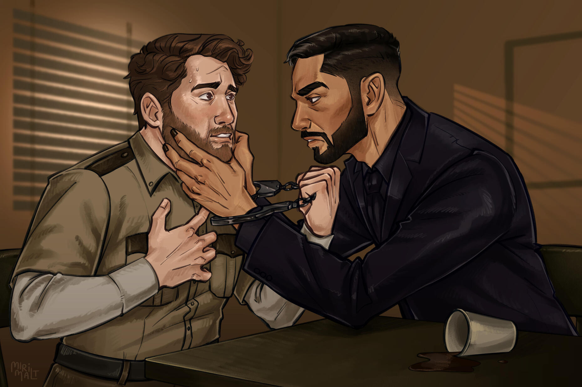 Stone dark suit holding handcuffs to the neck of Wade Whipple in a tan uniform shirt, seated at a table with a spilled cup and liquid.