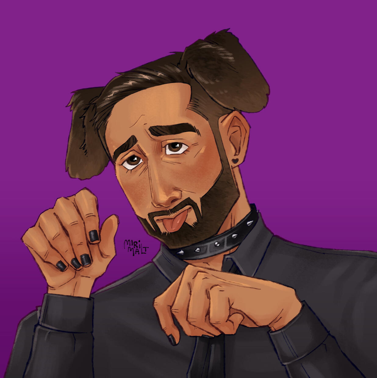 Stone with dark nail polish wearing a black studded choker and black shirt, posing with hands raised against a purple background, dog ears added.