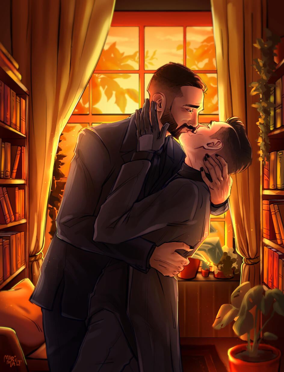 Stone and Robotnik in dark suits embrace and kiss in a warmly lit room with bookshelves, curtains, and potted plants near a window.