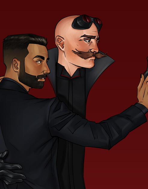 Illustration by mirimalt of Agent Stone and Dr Robotnik in dark suits against a dark red background. Dr Robotnik is wearing goggles on his bald head looking to the side, both posing in a dance.