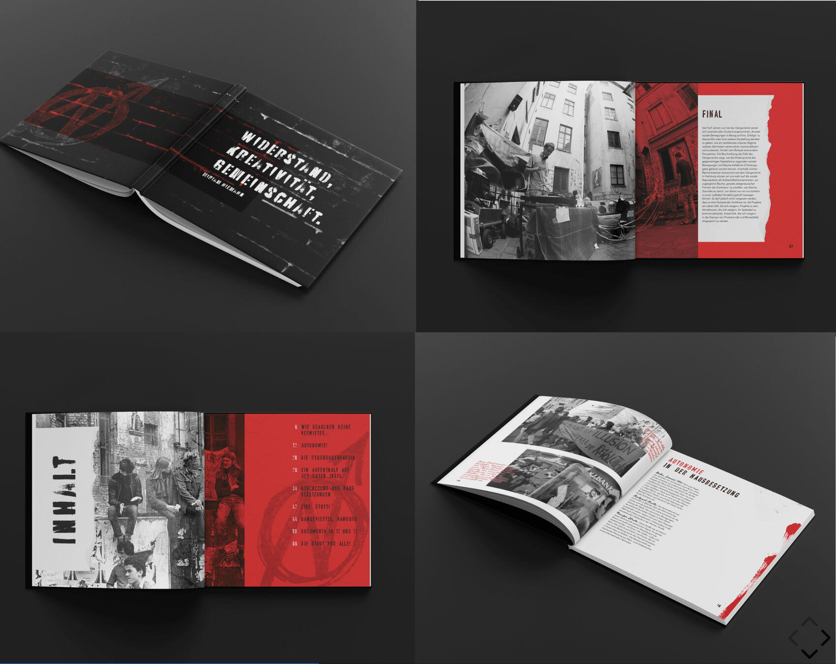 Four open spreads of a book layouted by mirimalt showing black-and-white and red-themed layouts with text and urban photography.
