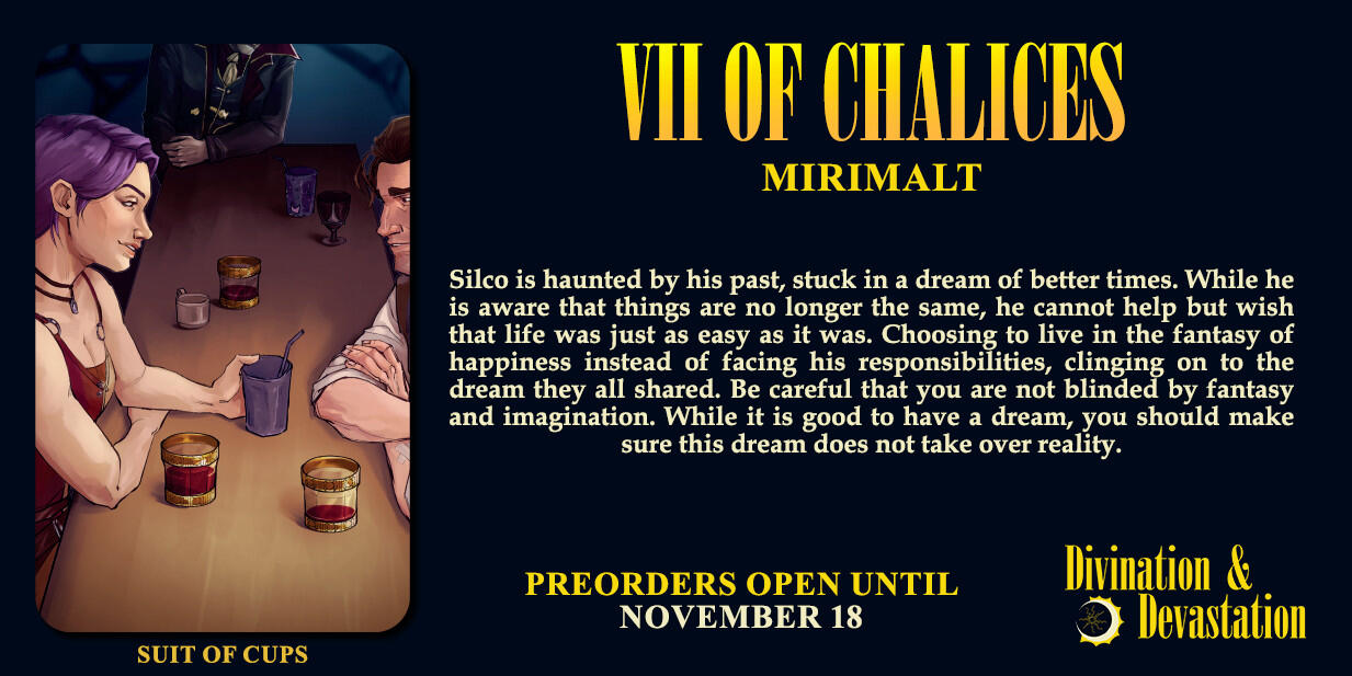7 of Chalices Preview of the 7 of Chalices card by Mirimalt. It depicts Silco, Felicia, and Vander sitting at a table together. Felicia and Vander are speaking to each other with Silco just out of frame in the dark.