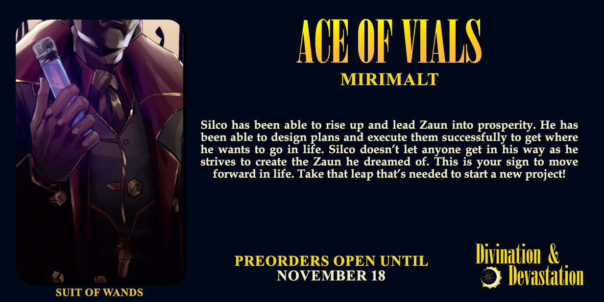 Preview of the Ace of Vials card by Mirimalt. It shows a close-up of Silco sneering at the audience, holding a luminous vial of Shimmer in his gloved hand.