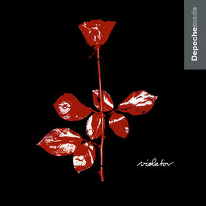 Depeche Mode Album Cover Red rose with leaves on black background, 'violator' handwritten in white, 'Depeche Mode' vertical text on gray strip