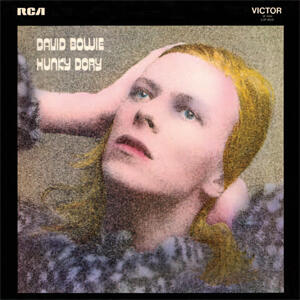 David Bowie album cover for 'Hunky Dory' showing a person with long blond hair and a fur-like garment, with text 'DAVID BOWIE HUNKY DORY' and RCA Victor logo.