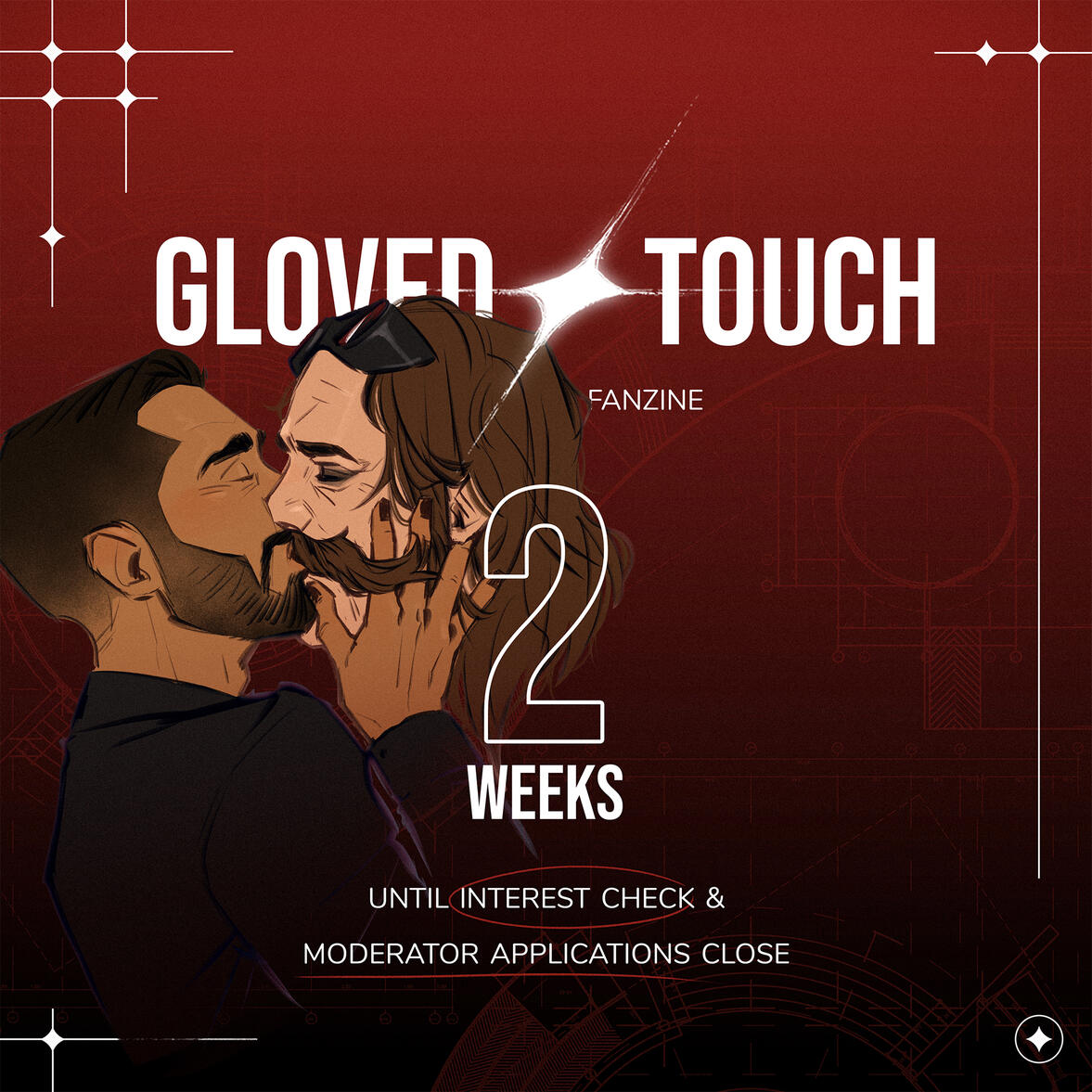 Layout Countown layout and illustration by mirimalt. illustration of Stone and Robotnik kissing, one holding the other's face, on a red background with text 'GLOVED TOUCH', '2 WEEKS UNTIL INTEREST CHECK & MODERATOR APPLICATIONS CLOSE'.