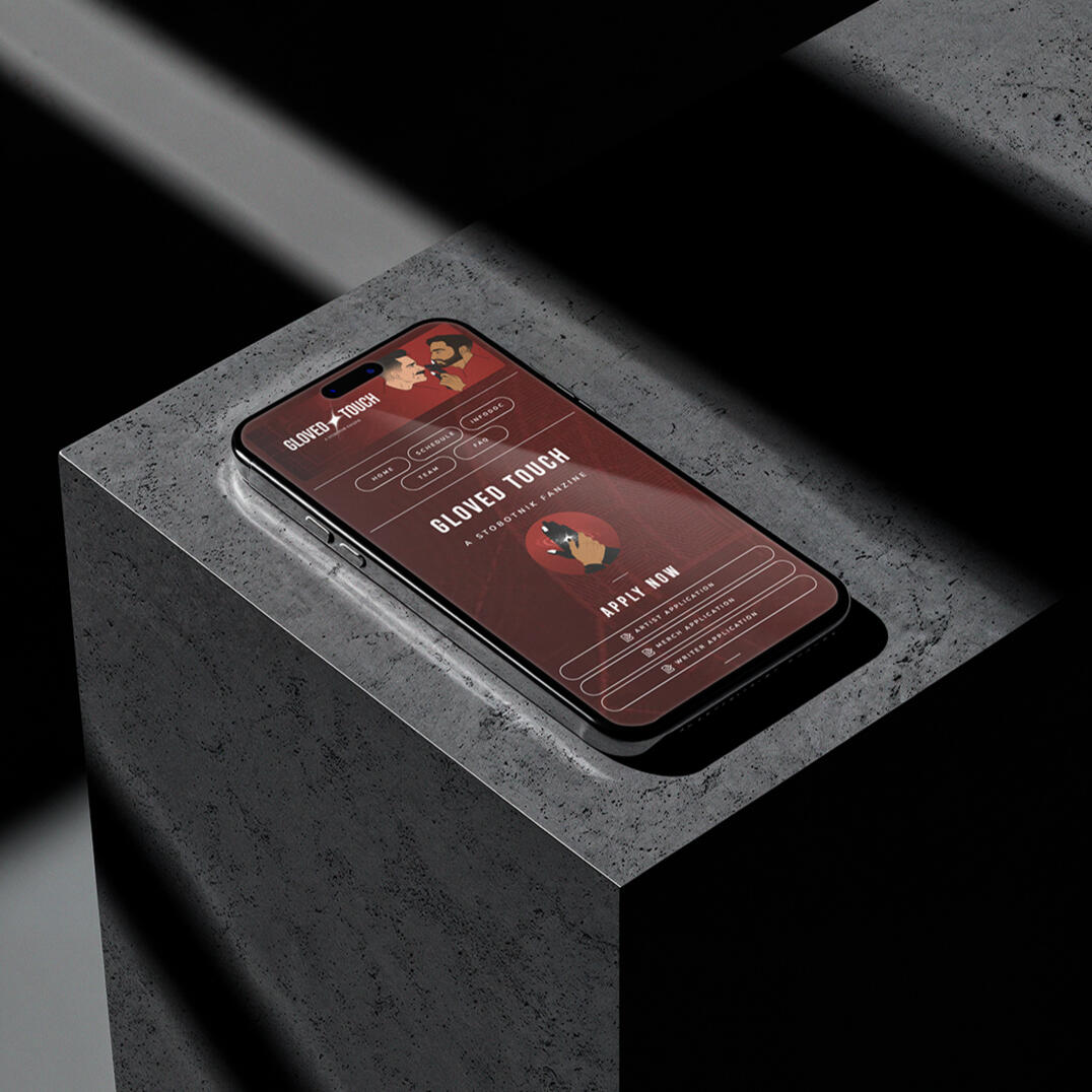 Mockup Phone Website A smartphone displaying a red and black website for 'Gloved Touch,' featuring stylized illustrations.