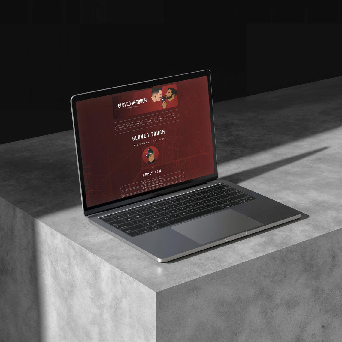 A laptop displaying a red and black website for 'Gloved Touch,' featuring stylized illustrations.