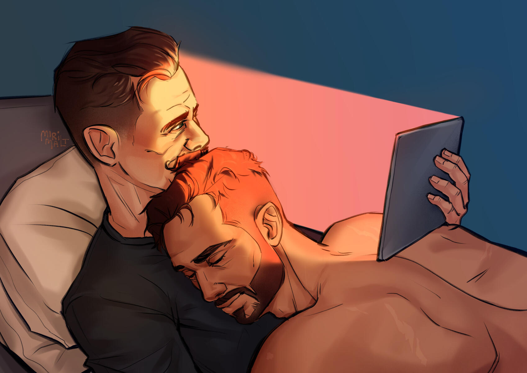 Robotnik holding a tablet emitting warm light, Stone resting against his chest.