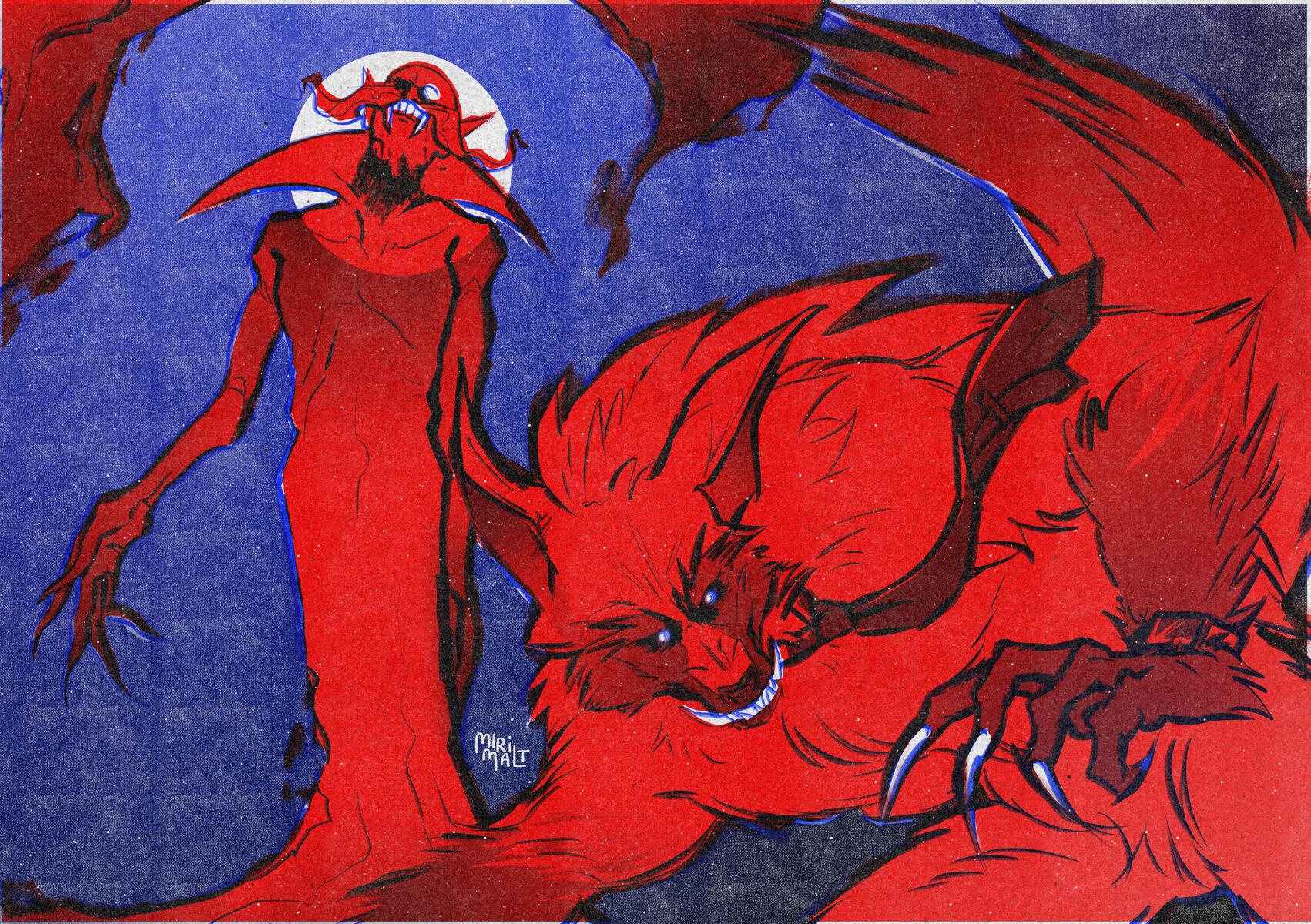 Vampire Werewolf Red Vampire Robotnik with wings and sharp claws crouching next to a tall red Werewolf Stone with a long beak and clawed hands against a blue background.