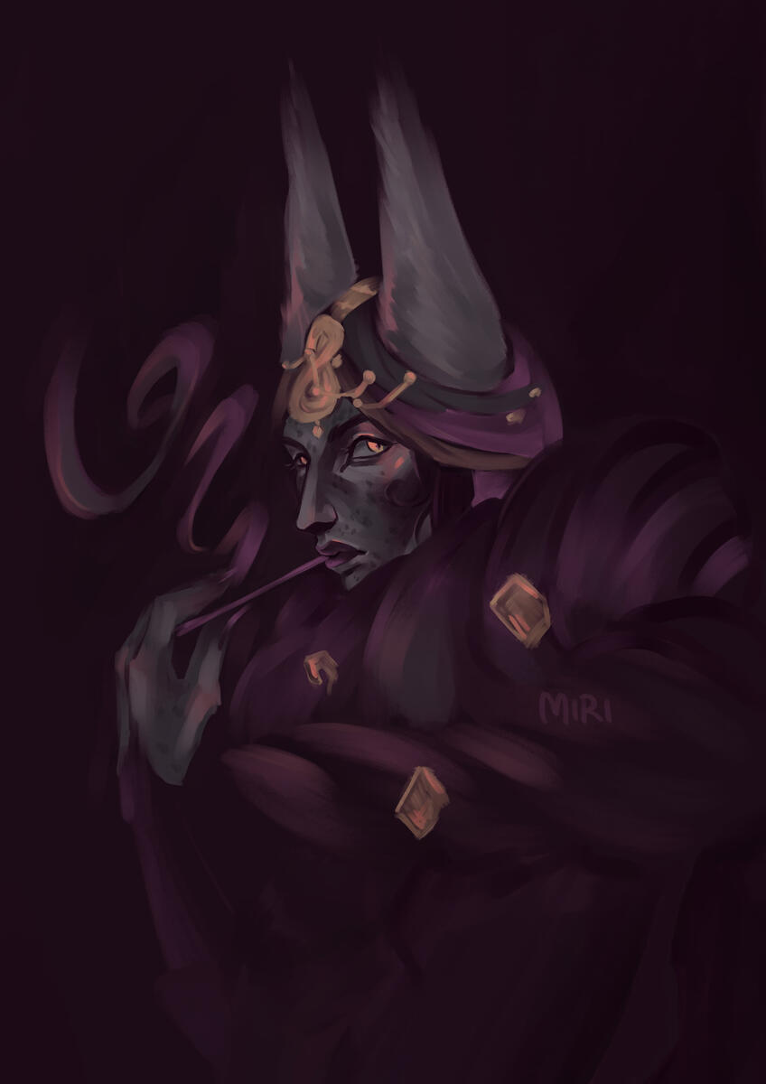 Lest with large pointed ears, wearing a purple cloak with gold accents, holding a smoking pipe near the face.