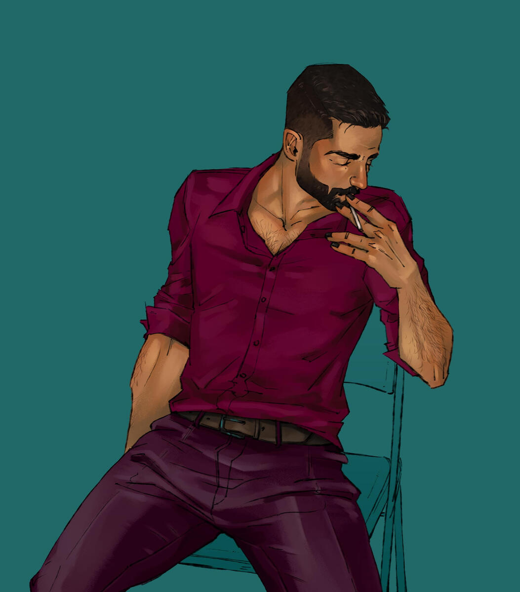 Agent Stone Sonic Stone wearing a burgundy button-up shirt and dark pants sitting on a chair with one arm resting on the backrest and the other hand near his face with a cigarette.