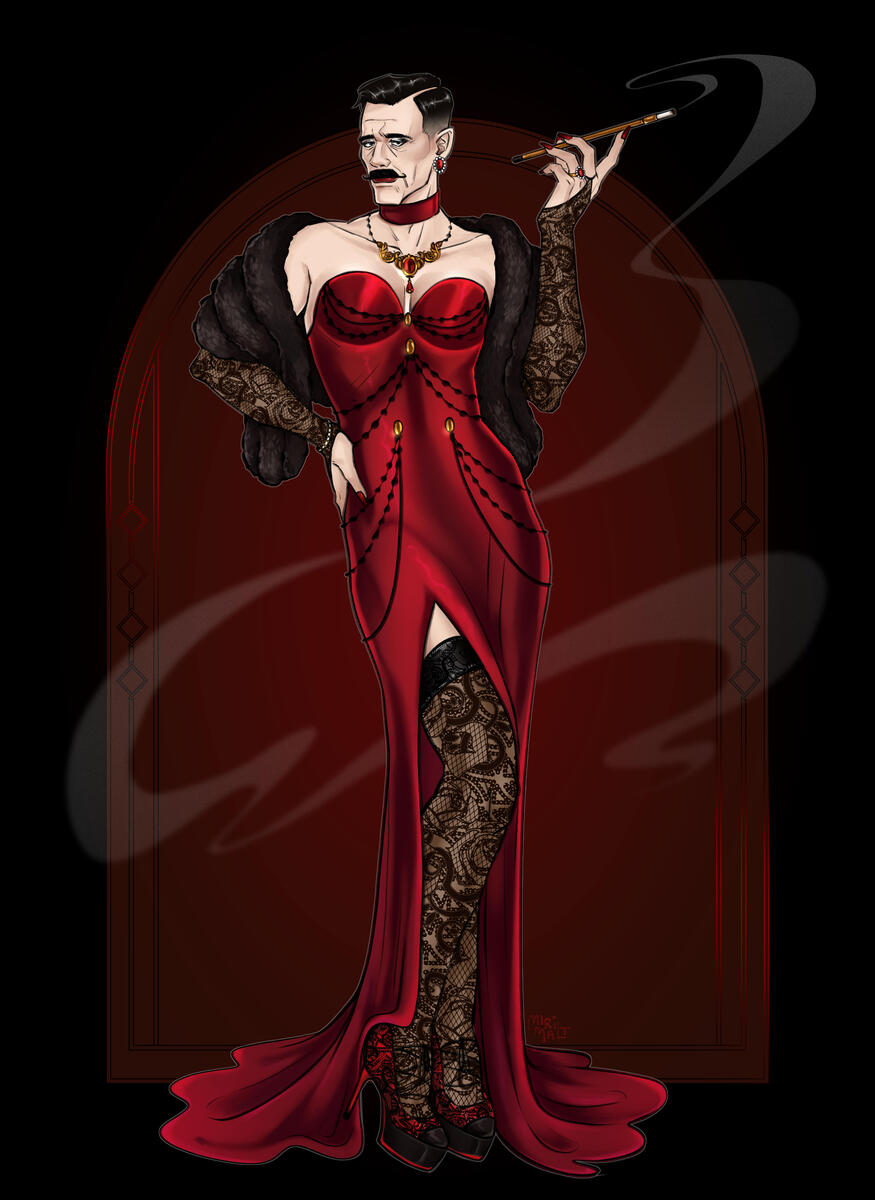Robotnik in red strapless gown with thigh-high slit, black lace gloves and stockings, fur stole, gold necklace, holding a cigarette holder with smoke.