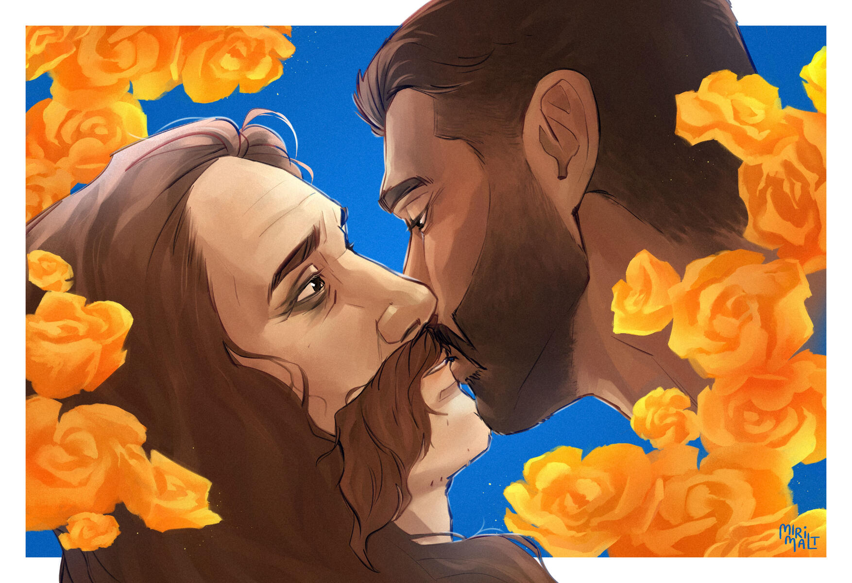 Yellow Rose Kiss Crab era Robotnik with long hair kissing Stone and they are surrounded by orange roses on a blue background.