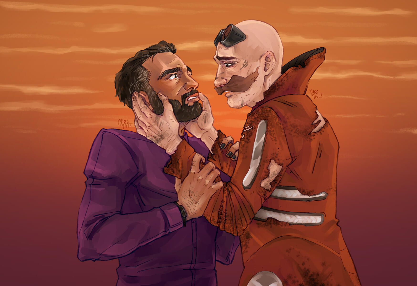 Stone and Robotnik facing each other at sunset; Stone in a purple jacket, Robotnik in his worn orange/red jacket with broken goggles on his head.