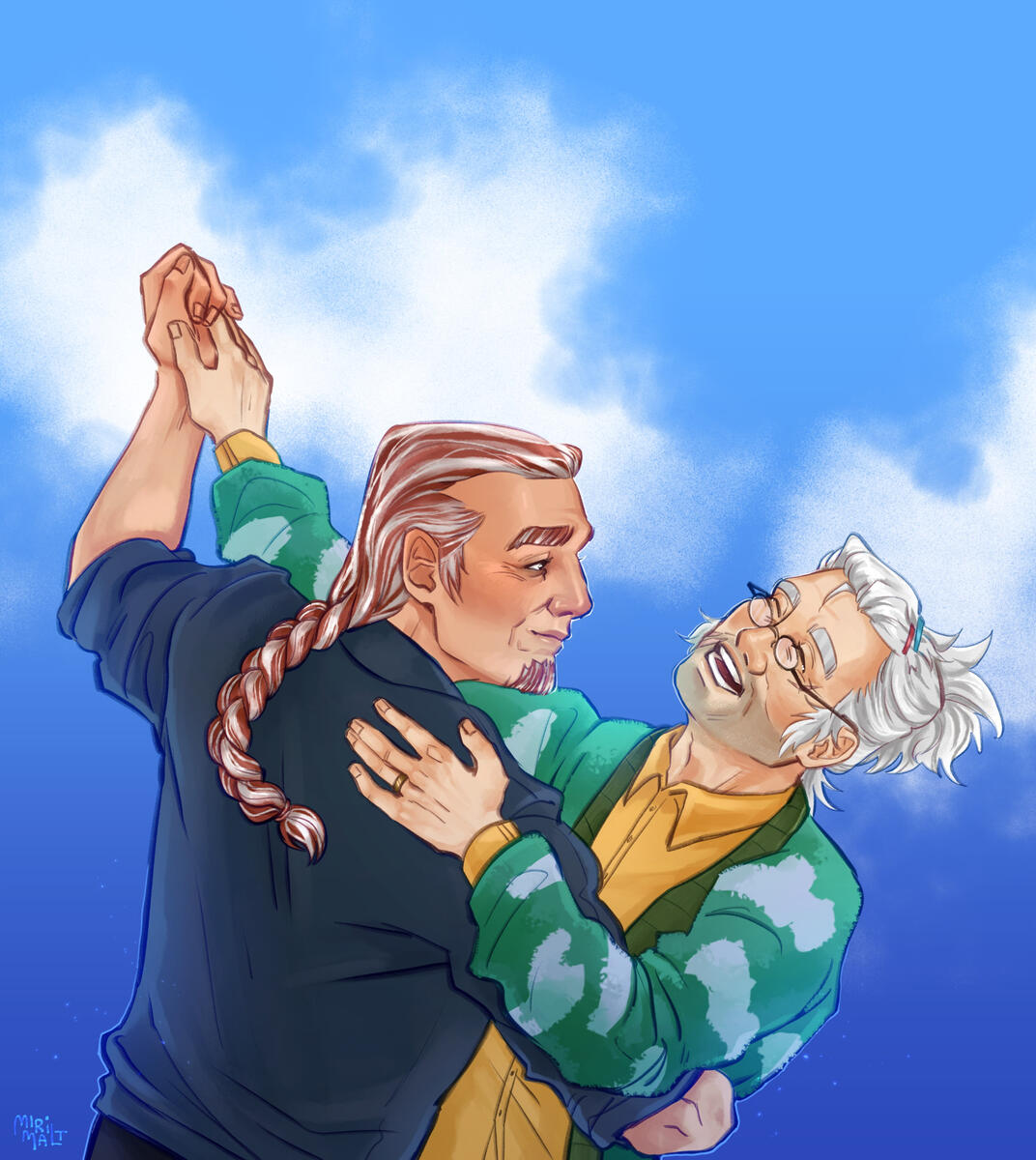 Two people dancing outdoors, one with long braided hair wearing a dark jacket, the other with white hair, glasses, and a green patterned sweater over a yellow shirt, smiling.