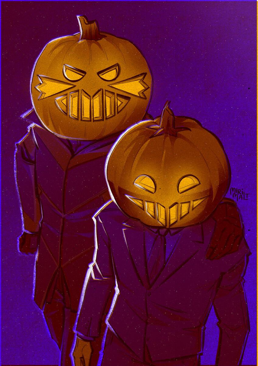 Agent Stone and Robotnik in dark suits with pumpkin heads, one with a jagged mouth and angry eyes, the other with a smiling mouth and closed eyes, against a purple background.