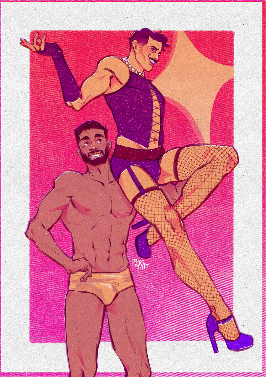 Dr Frank n Botnik and Agent Rocky Stone in gold briefs standing with hand on hip, supporting Robotnik in purple lingerie, fishnet stockings, and high heels against a pink and orange background.