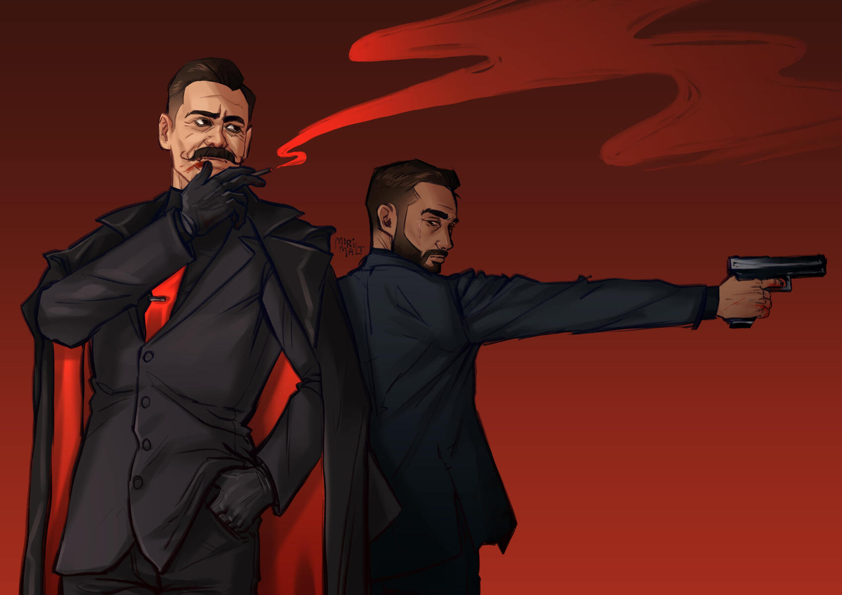 Two men in dark suits against a red background; Robotnik smoking with a red-lined Jacket, Stone aiming a handgun.