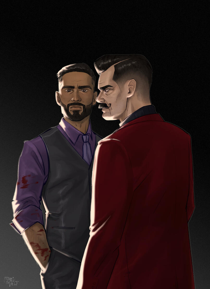 Commission Stobotnik Sonic Stone and Robotnik standing close, Stone in a purple shirt and gray vest with blood stains on the sleeve, Robotnik in a red jacket with a black collar, against a dark background.