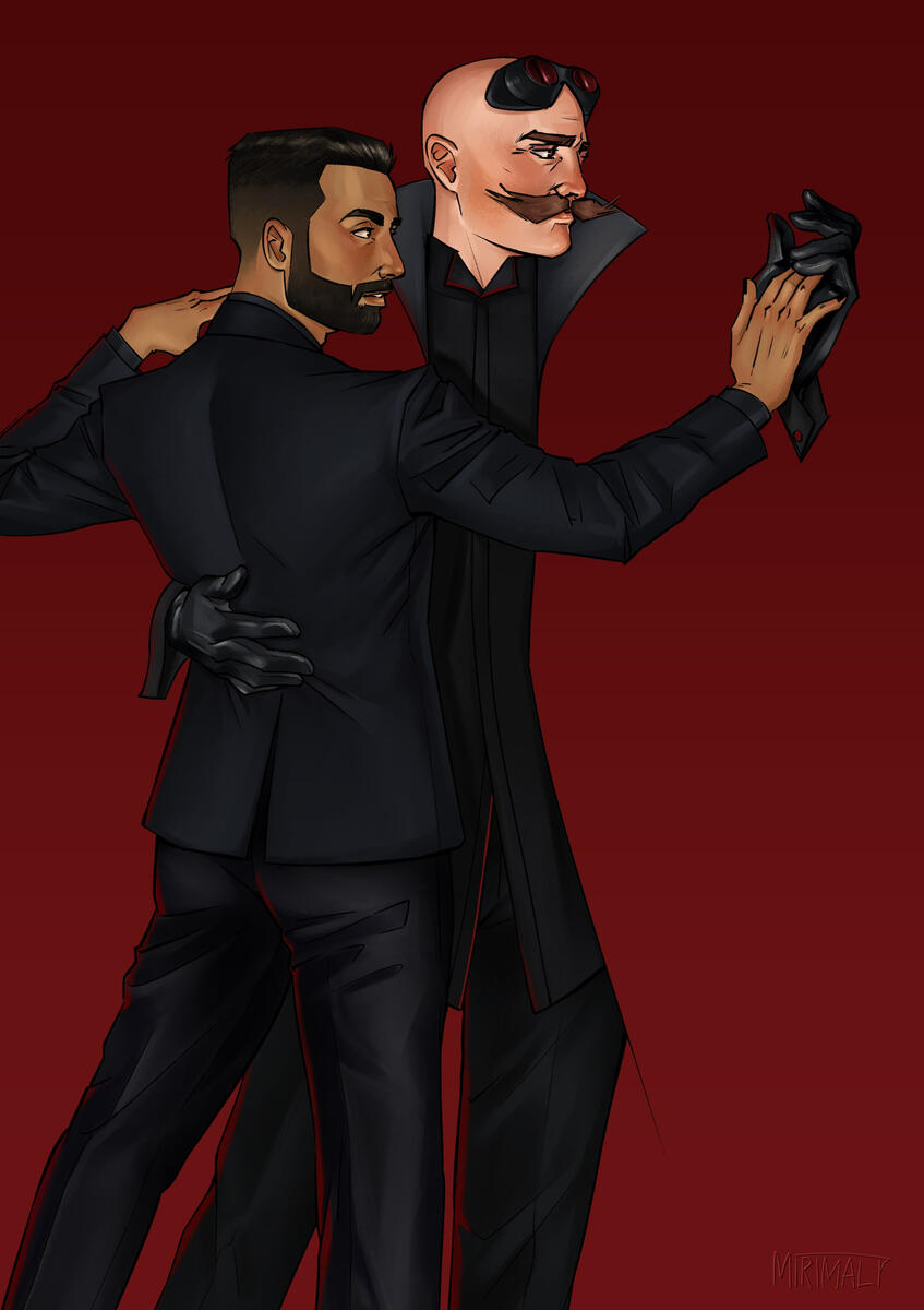 Two men dancing closely, one in a black suit and the other in a long black coat with gloves, against a dark red background.