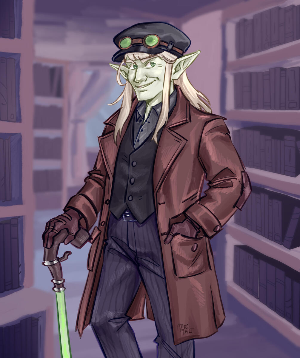Elf with long blond hair wearing a brown trench coat, black vest, striped pants, and a black cap with goggles, holding a cane with a curved handle in a library.