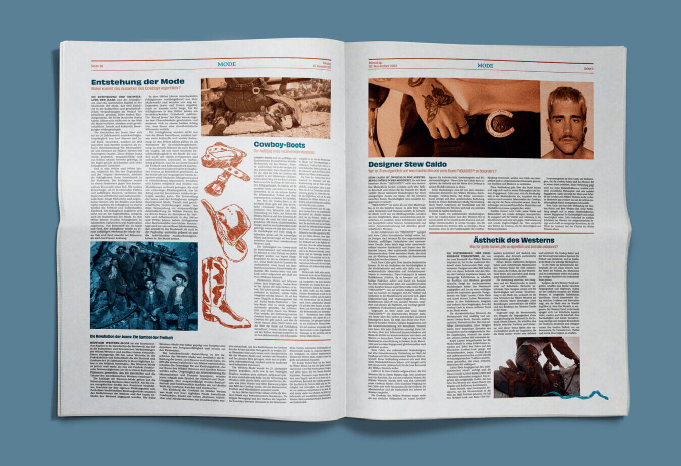 Two-page magazine spread with German text about fashion, featuring illustrations of cowboy boots and photographs related to Western style.