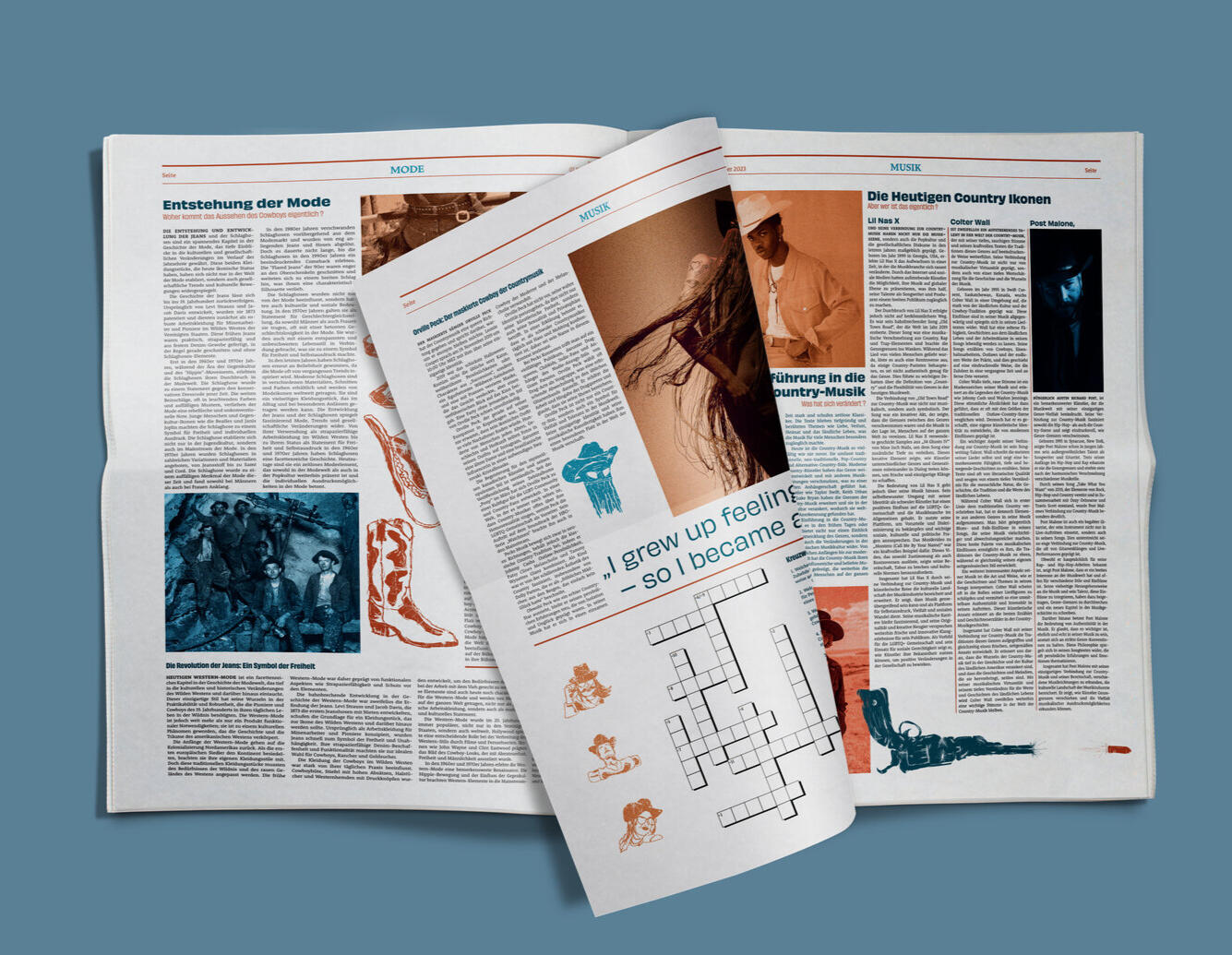 Newspaper Layout Reference Open newspaper spread with articles in German, featuring a crossword puzzle, illustrations of boots and people, and a photograph of a group of people.
