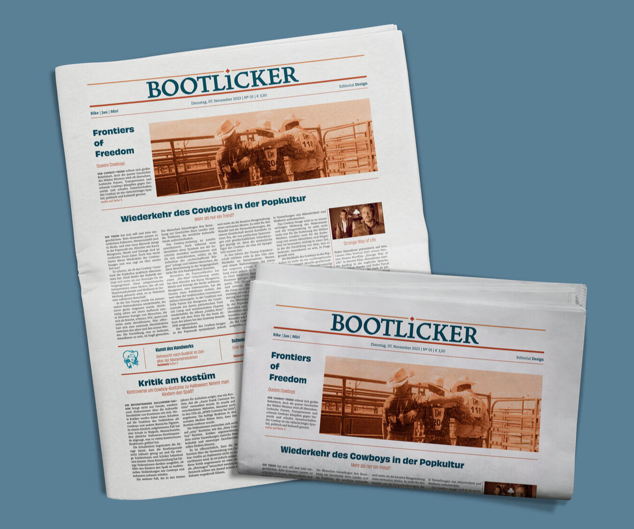 Newspaper Layout Reference Two newspapers titled 'BOOTLICKER' with a sepia-toned photo of cowboys on horseback and German headlines including 'Frontiers of Freedom' and 'Wiederkehr des Cowboys in der Popkultur'.