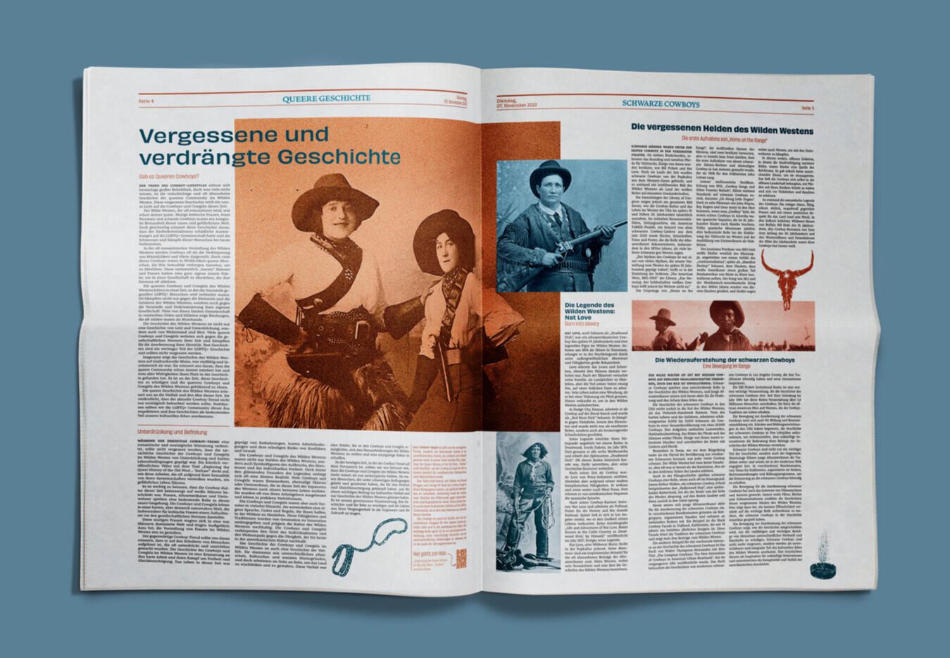 Newspaper Layout Reference Two-page magazine spread with German text, featuring a large sepia-toned historical photo of two cowboys, a smaller black-and-white photo of a cowboy, and a red silhouette of a longhorn skull.