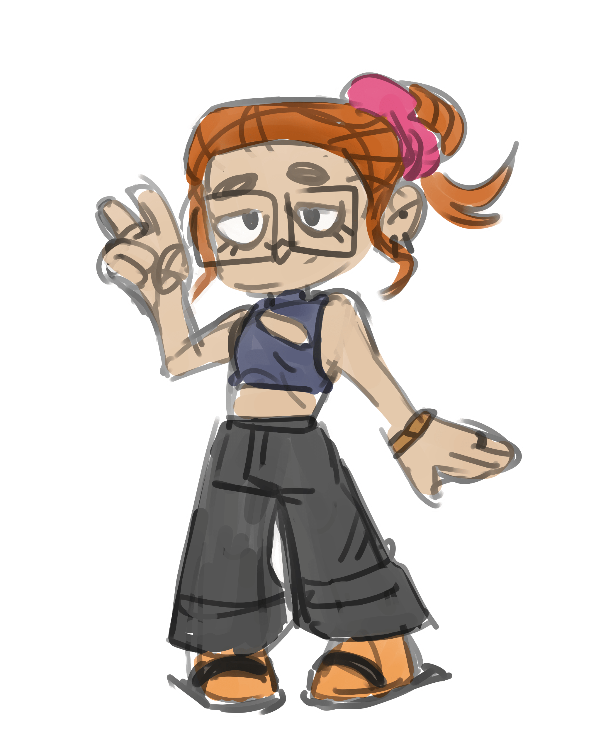 silly portrait of mirimalt Chibi of mirimalt with orange-brown hair tied in a ponytail with a pink scrunchie, wearing glasses, a sleeveless dark crop top, wide black pants, and orange socks in sandals, making a peace sign with one hand.