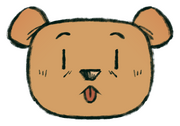 Cartoon bear face with round ears, small eyes, and tongue sticking out.