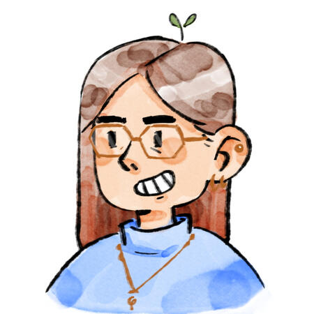 Watercolor illustration of mirimalt with long brownish hair wearing a light blue turtleneck sweater and a necklace with a small pendant. A small green sprout grows from the top of miri's head. She has a pierced ear with small earrings.