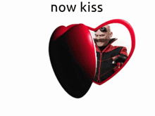 Animated GIF of two red heart halves closing together around an image of Stone and Robotnik, with the caption ‘now kiss’ above.