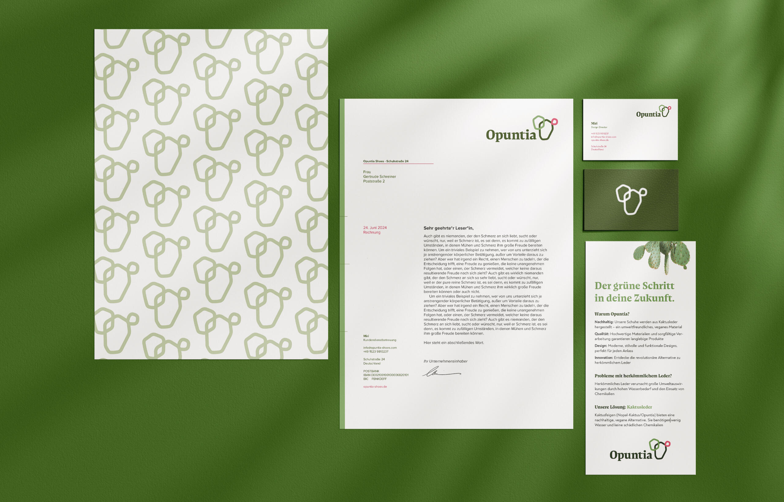 A set of branded stationery items, including a letterpaper, letterhead, business card, and a flyer, all incorporating the cactus pad logo and a green color scheme, on a green textured surface.