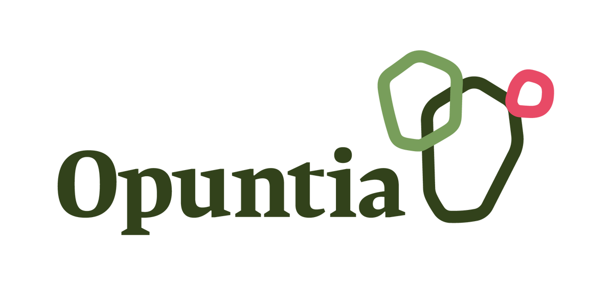 A logo design with the word "Opuntia" in dark green, accompanied by a simple, stylized graphic of a prickly pear cactus pad with an additional small pink element being the fruit.