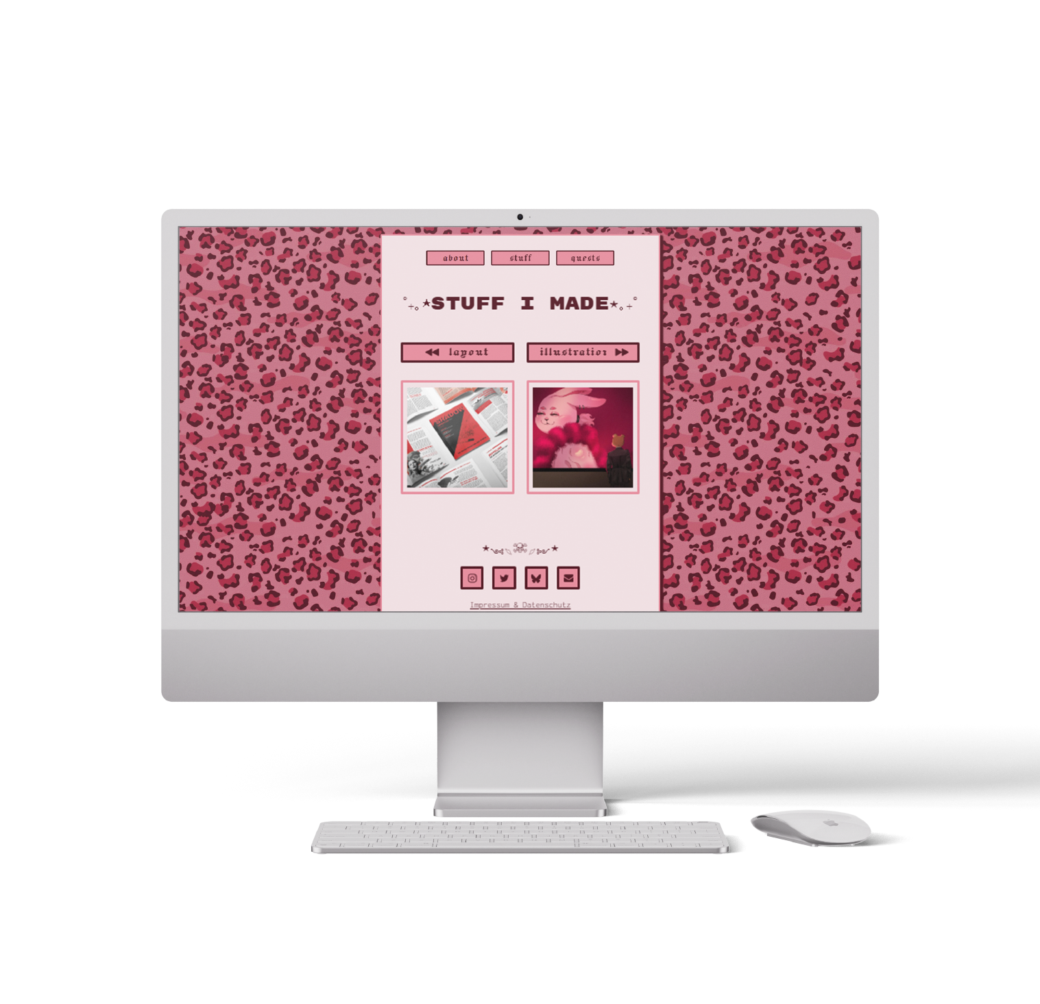 A computer monitor with a pink leopard print background and a webpage titled "Stuff I Made," showcasing two art thumbnails, one of a magazine layout and another of a pink-haired character, with navigation buttons and social media icons below.