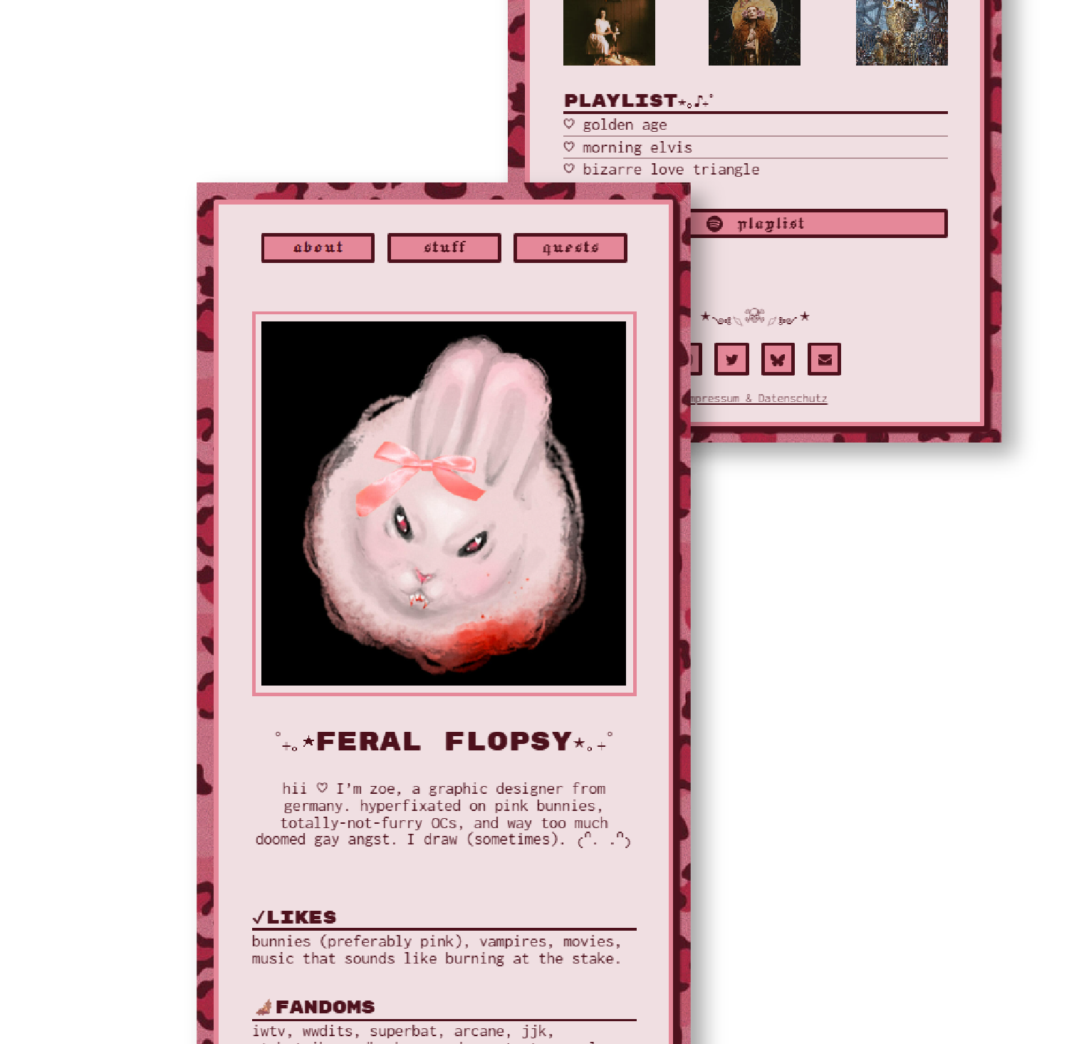 A website profile page with a pink and black aesthetic, featuring a central illustration of a white bunny with a pink bow, labeled "Feral Flopsy" with a description about the person.