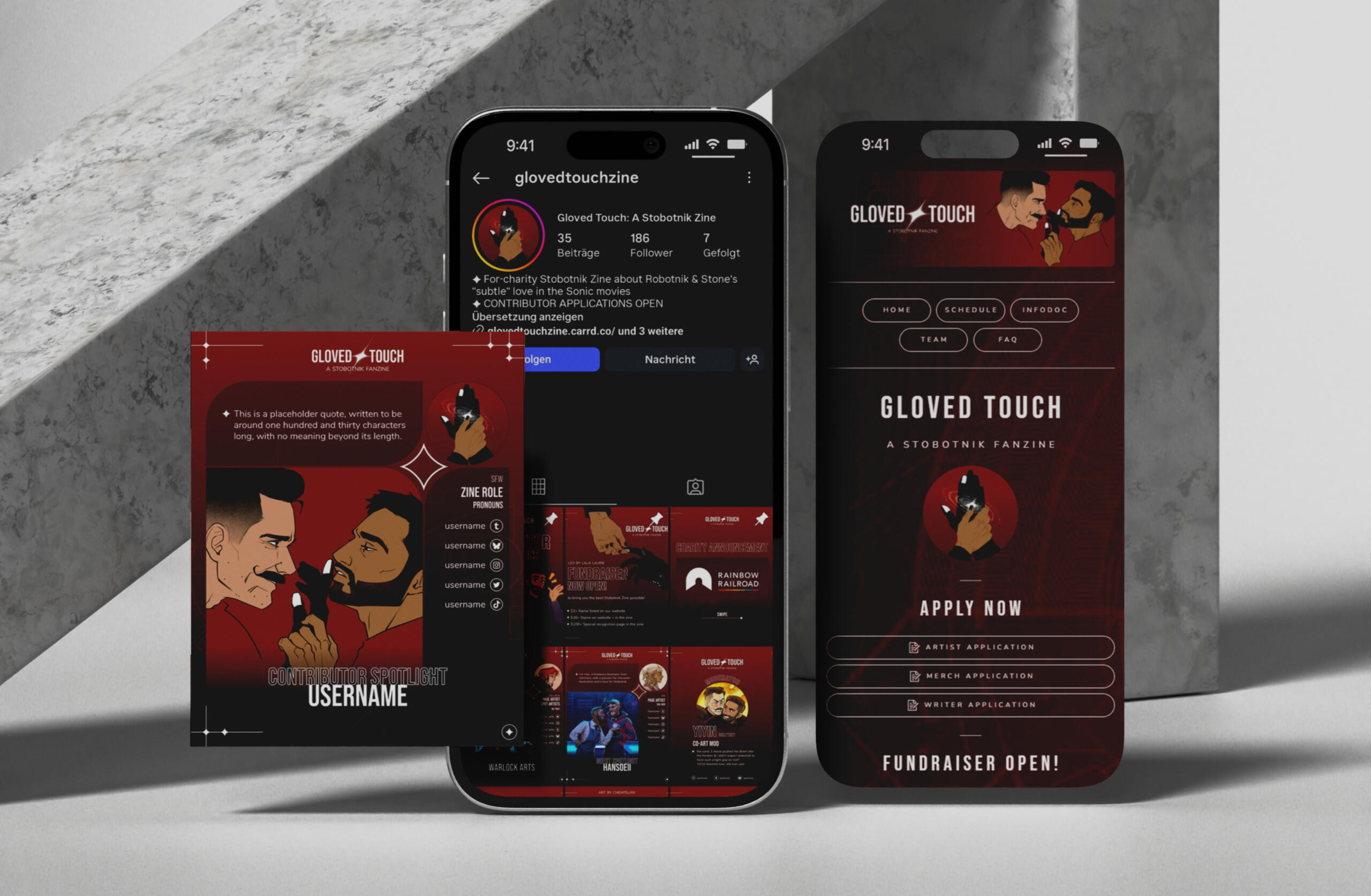 Social Medie Mockup Three smartphones displaying a red and black instagram page and website for 'Gloved Touch,' featuring stylized illustrations.