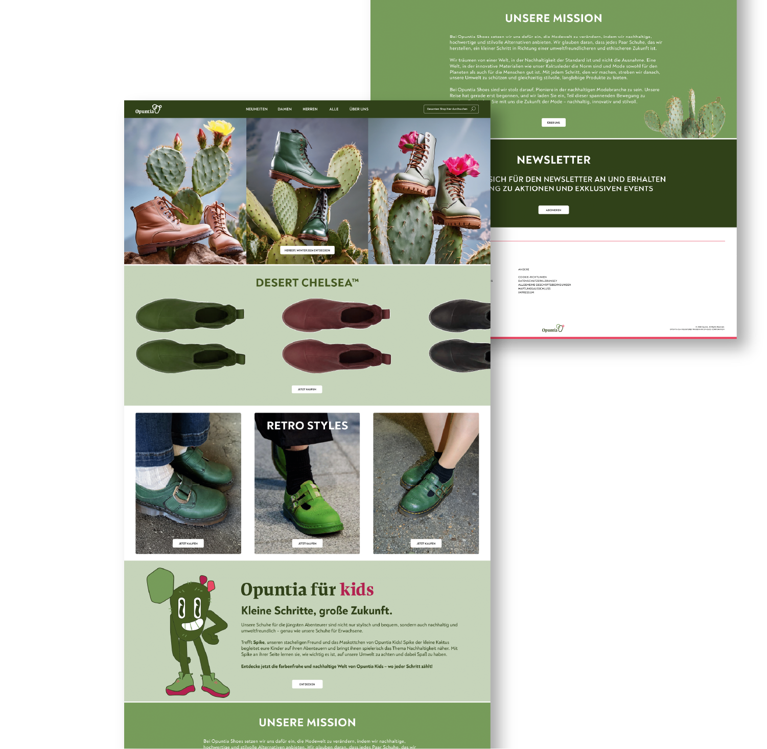 a screenshot of the Opuntia website, highlighting its mission statement, a newsletter sign-up section, and a cartoon cactus mascot with a friendly expression, all set against a green background.