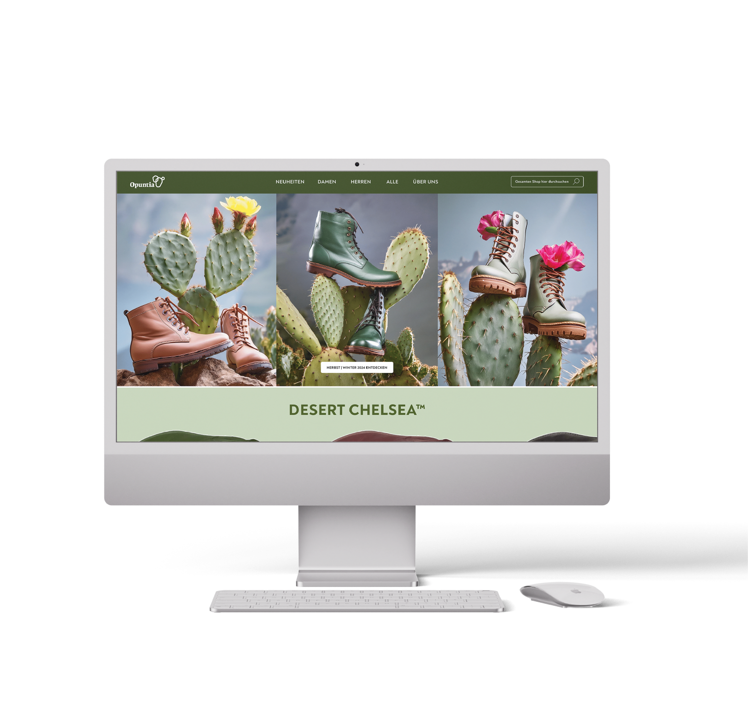 A desktop computer displaying a colorful website featuring cactus-themed shoes, including boots and slip-ons, with a backdrop of various cactus plants.